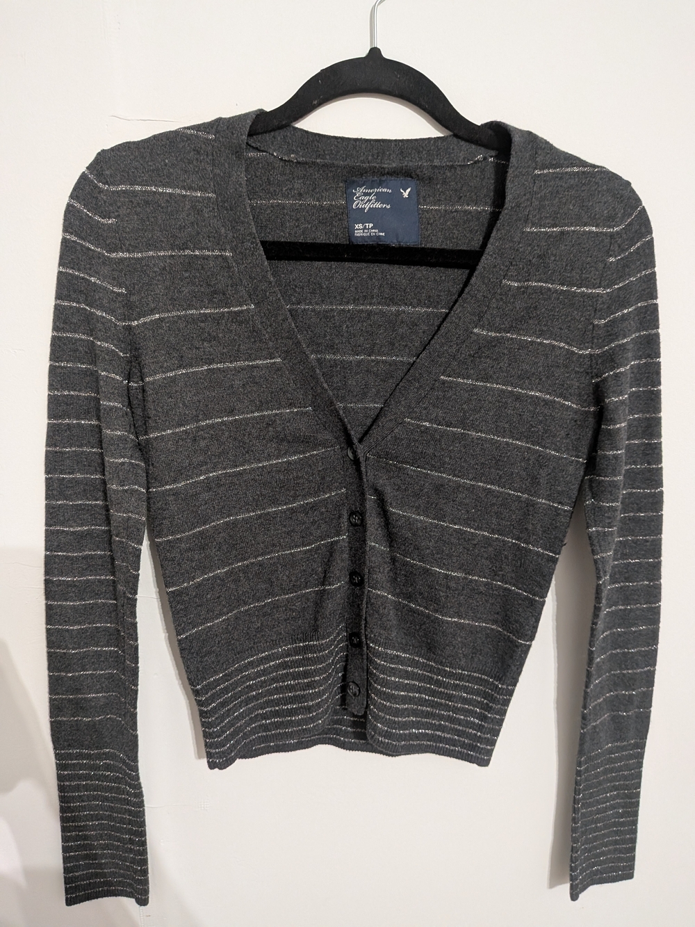 American Eagle Outfitters Dark Charcoal Gray Metallic Stripe V-Neck Cardigan